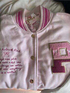 LoveShackFancy x Pink Varsity Jacket with Gold Buttons NWT